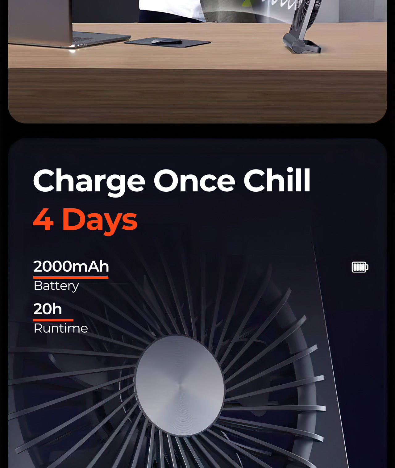 MUNBYN Mini Desk Fan mit 2000mAh battery for 20H Cooling