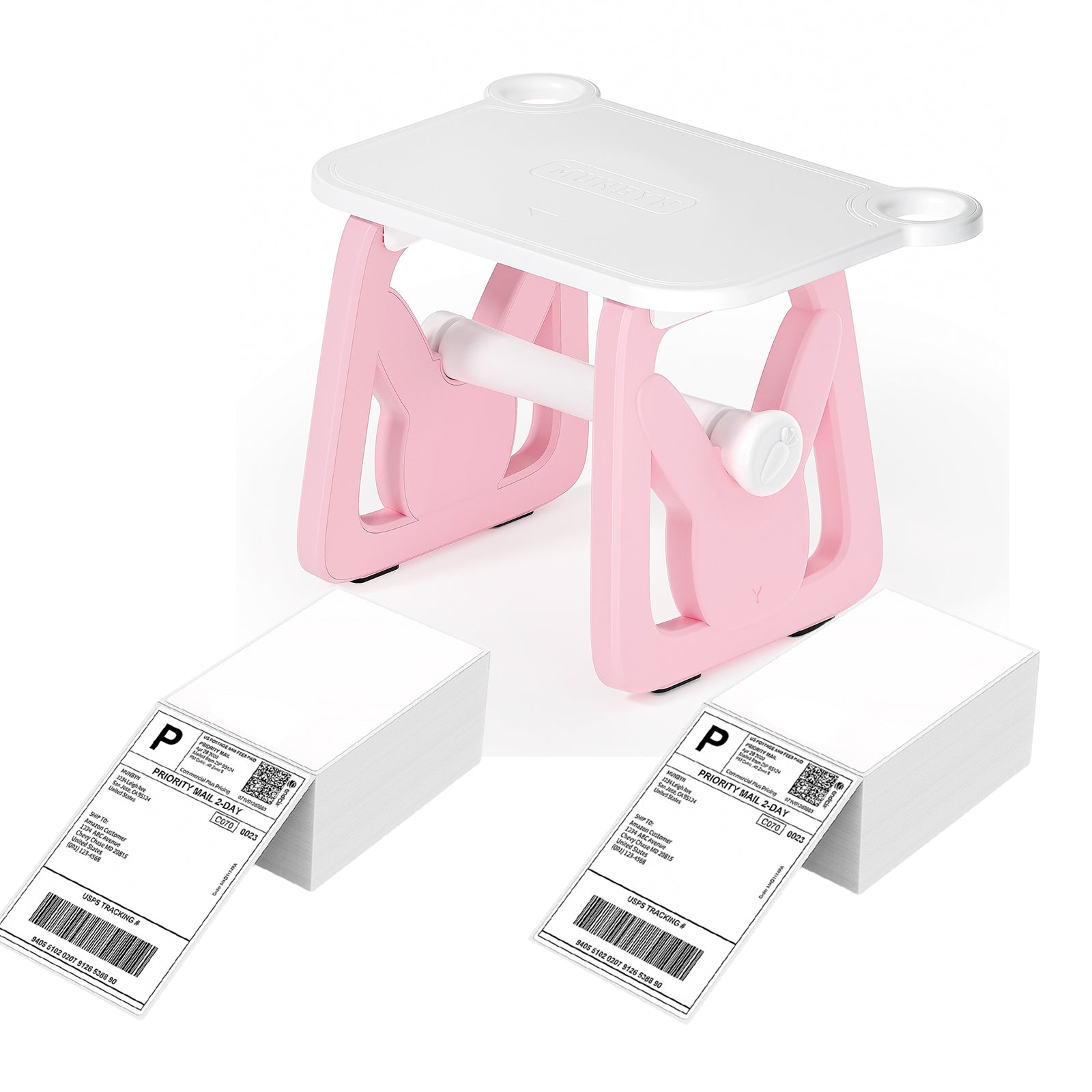 The combination of a label holder and two packs of shipping labels simplifies the shipping process.