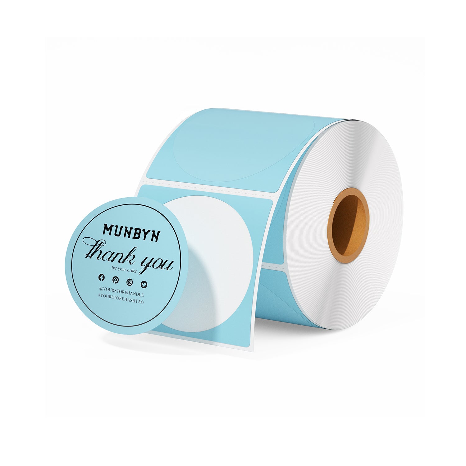 Roll of round blue thermal thank you stickers for packaging and shipping labels