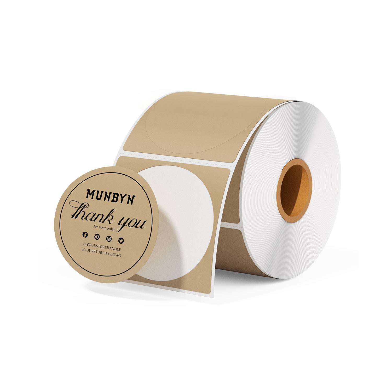 Roll of round brown thermal thank you stickers for packaging and shipping labels
