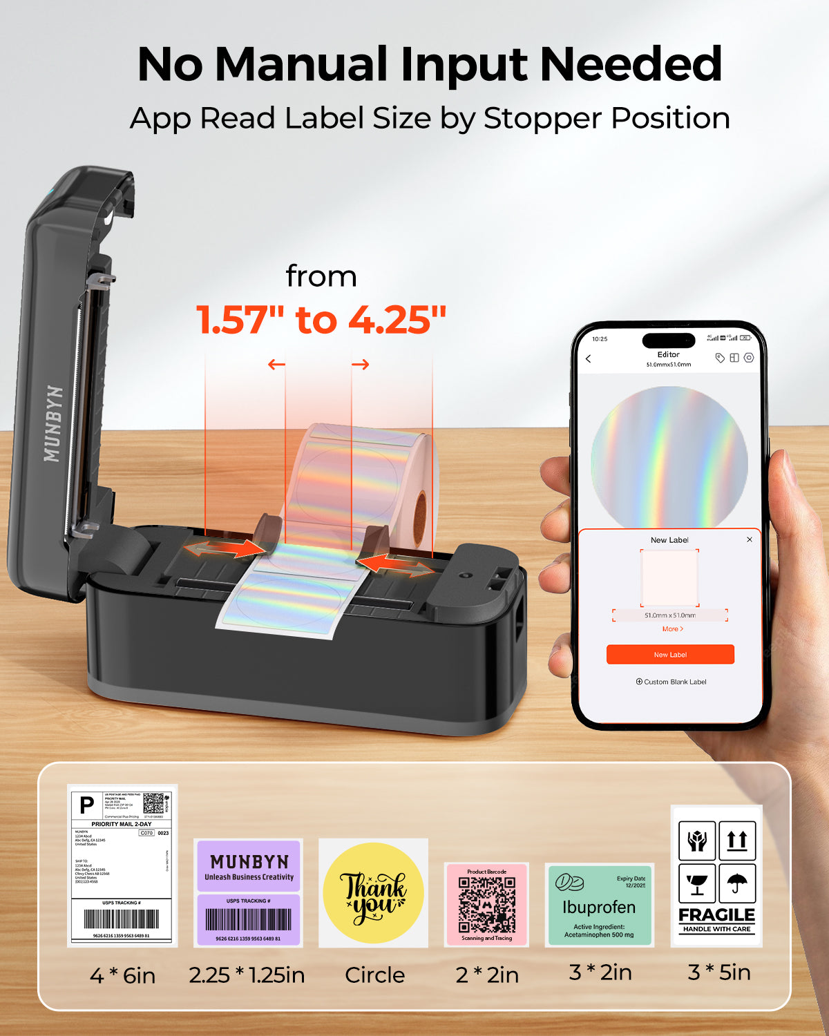 Thermal label printer with rainbow label roll, app for label size adjustment, assorted label examples.