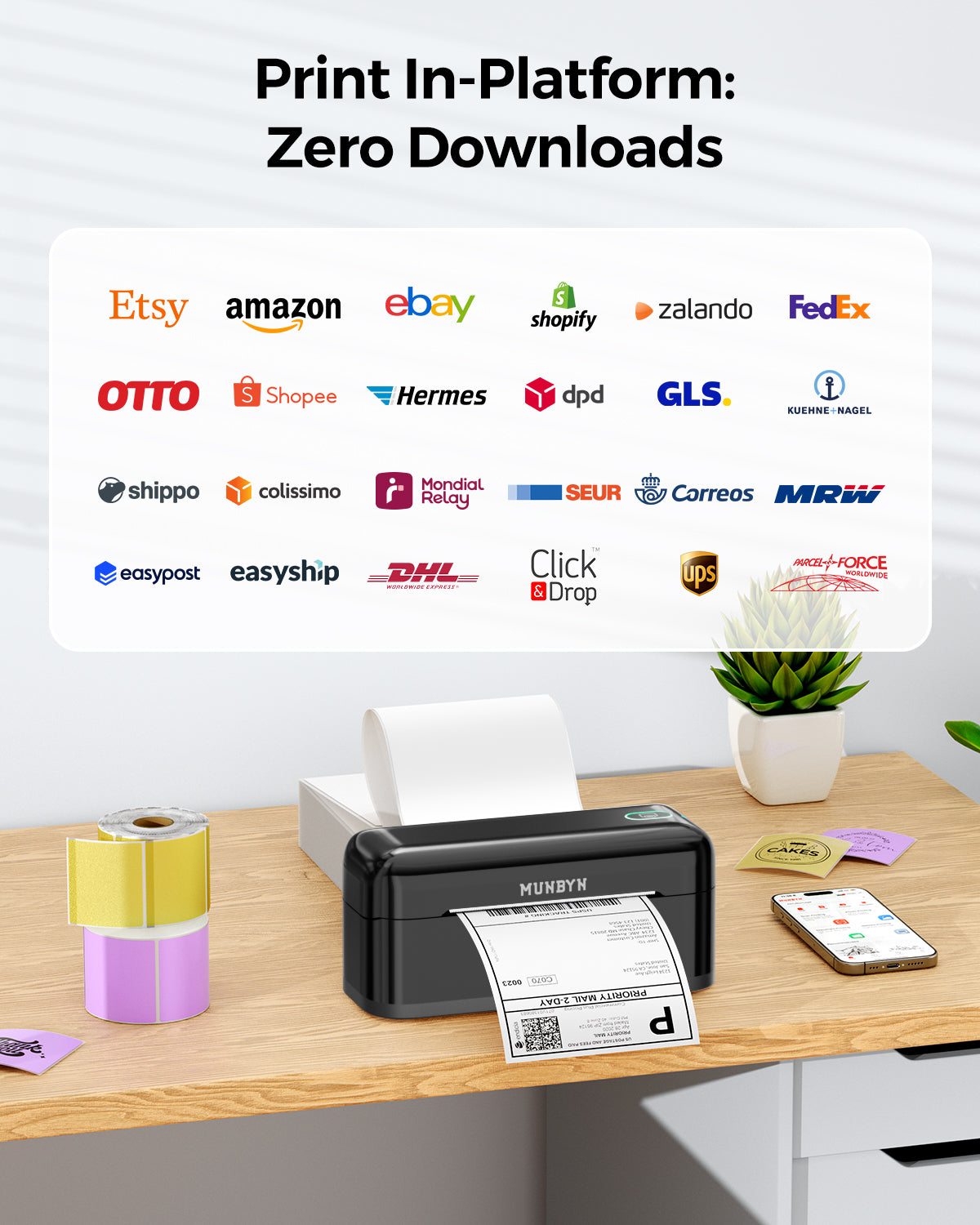 Thermal label printer on desk printing shipping label, compatible with major eCommerce platforms