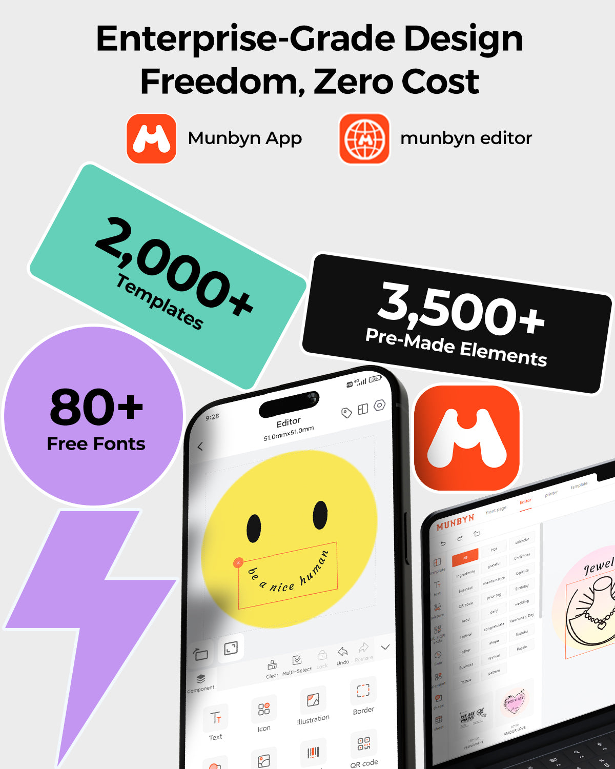 Mobile and desktop design apps for label printing with templates, fonts, and elements showcased.