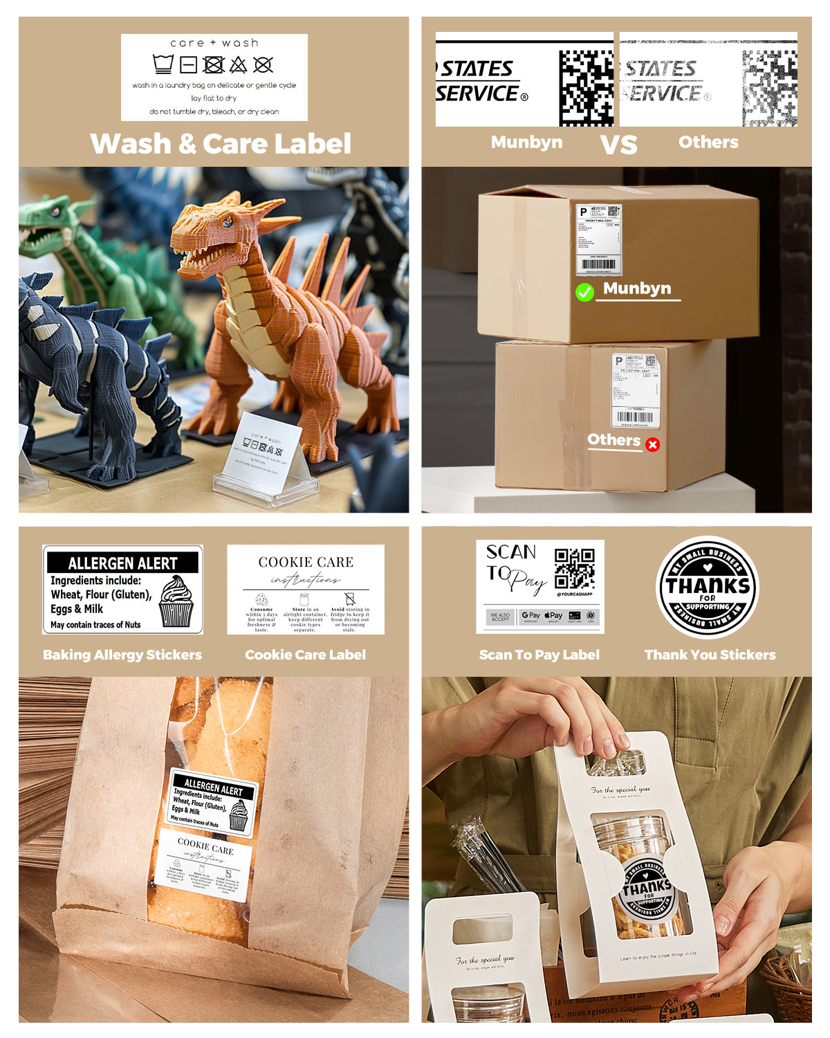 Assorted thermal label uses including care labels, shipping labels, allergy stickers, QR code payment and thank you stickers on packages and baked goods.