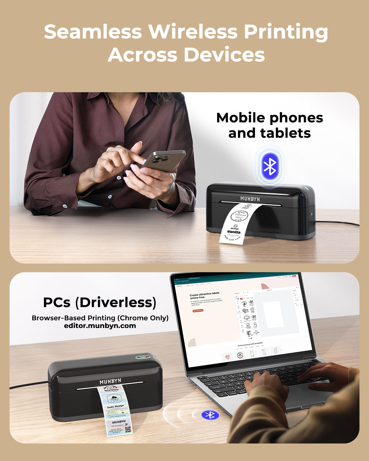 Wireless thermal label printer used with a smartphone and laptop for easy Bluetooth printing