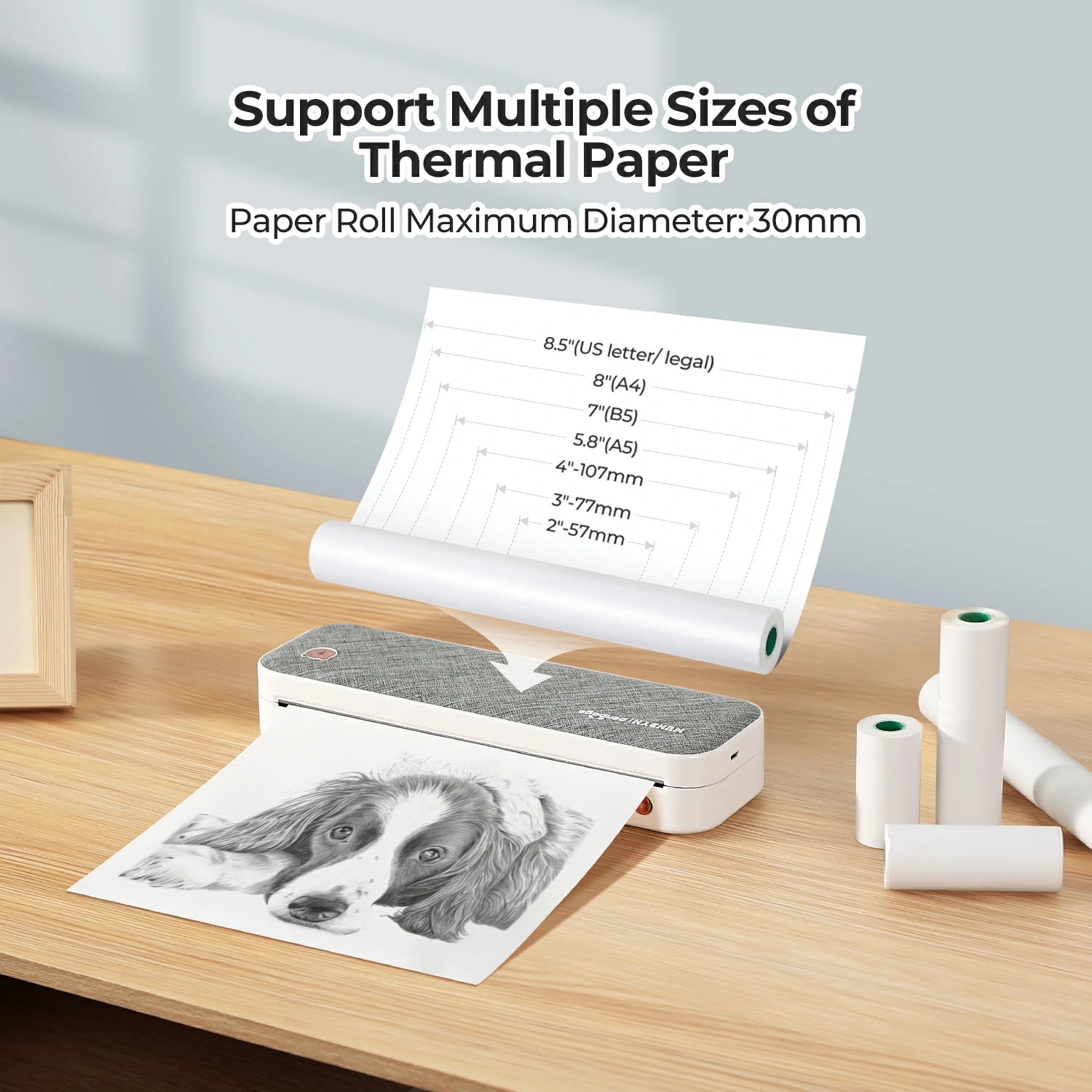 MUNBYN A4 portable thermal printer supports multiple sizes of thermal paper.