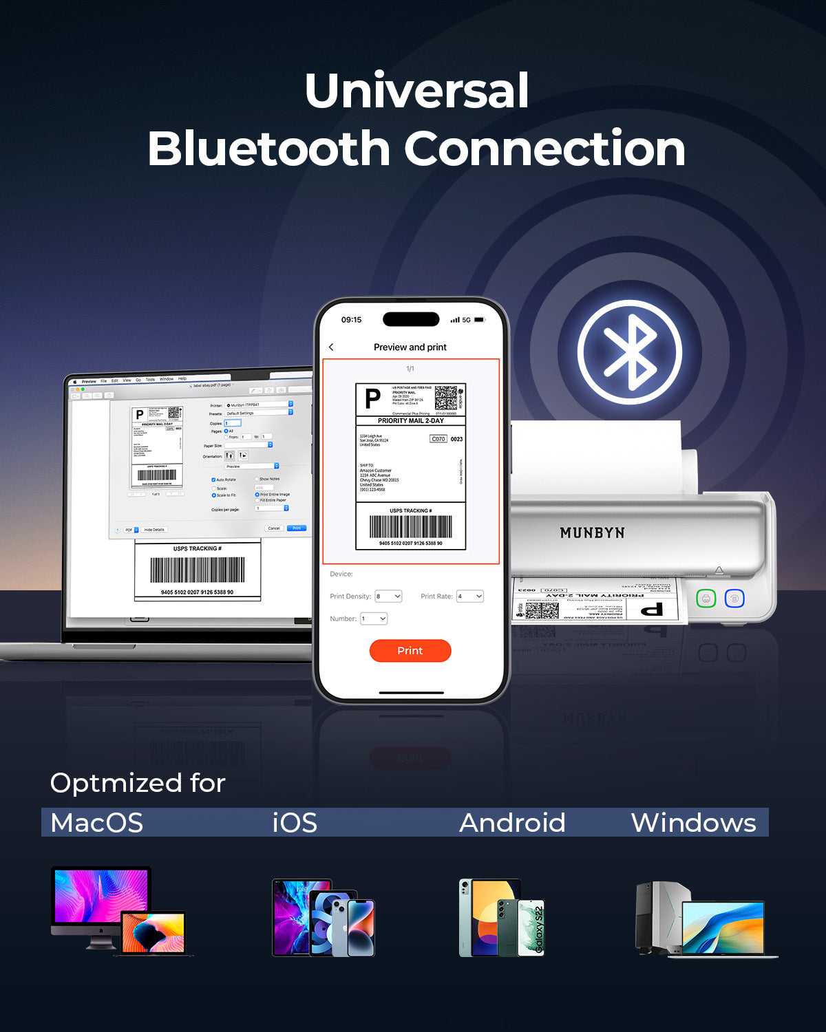 MUNBYN RealWriter 405B Replaceable Print-Head Bluetooth Thermal Printer with Label Holder