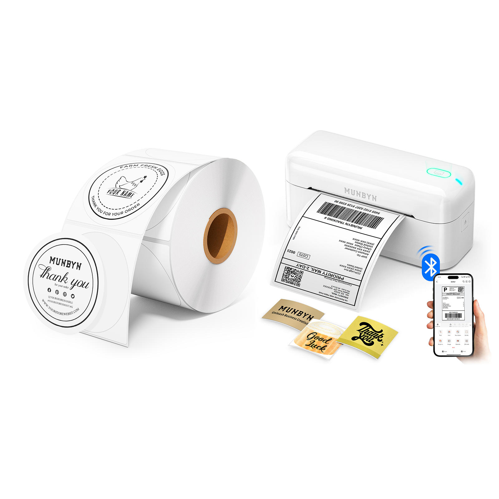 MUNBYN RW402B thermal postage label printer with a roll of labels