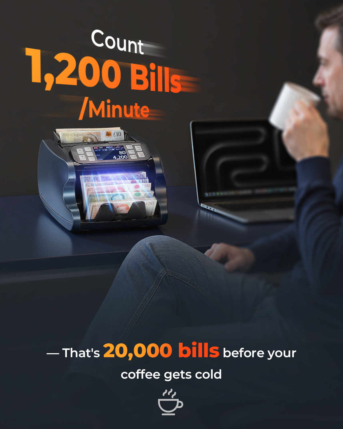 A money counter machine shown on a desk in a home office setting