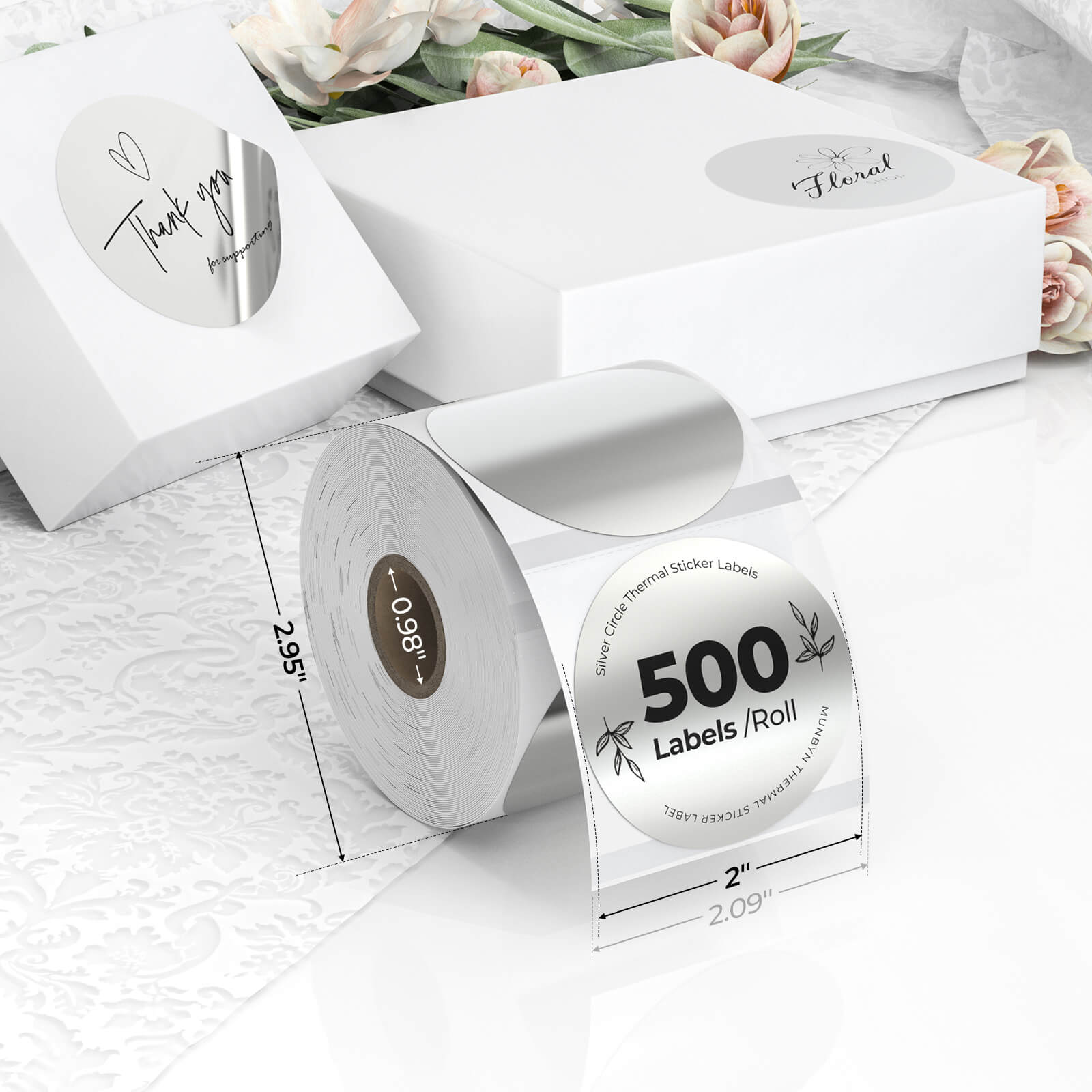 MUNBYN 2x2" Silver Circle Thermal Labels, 500 Labels/Roll