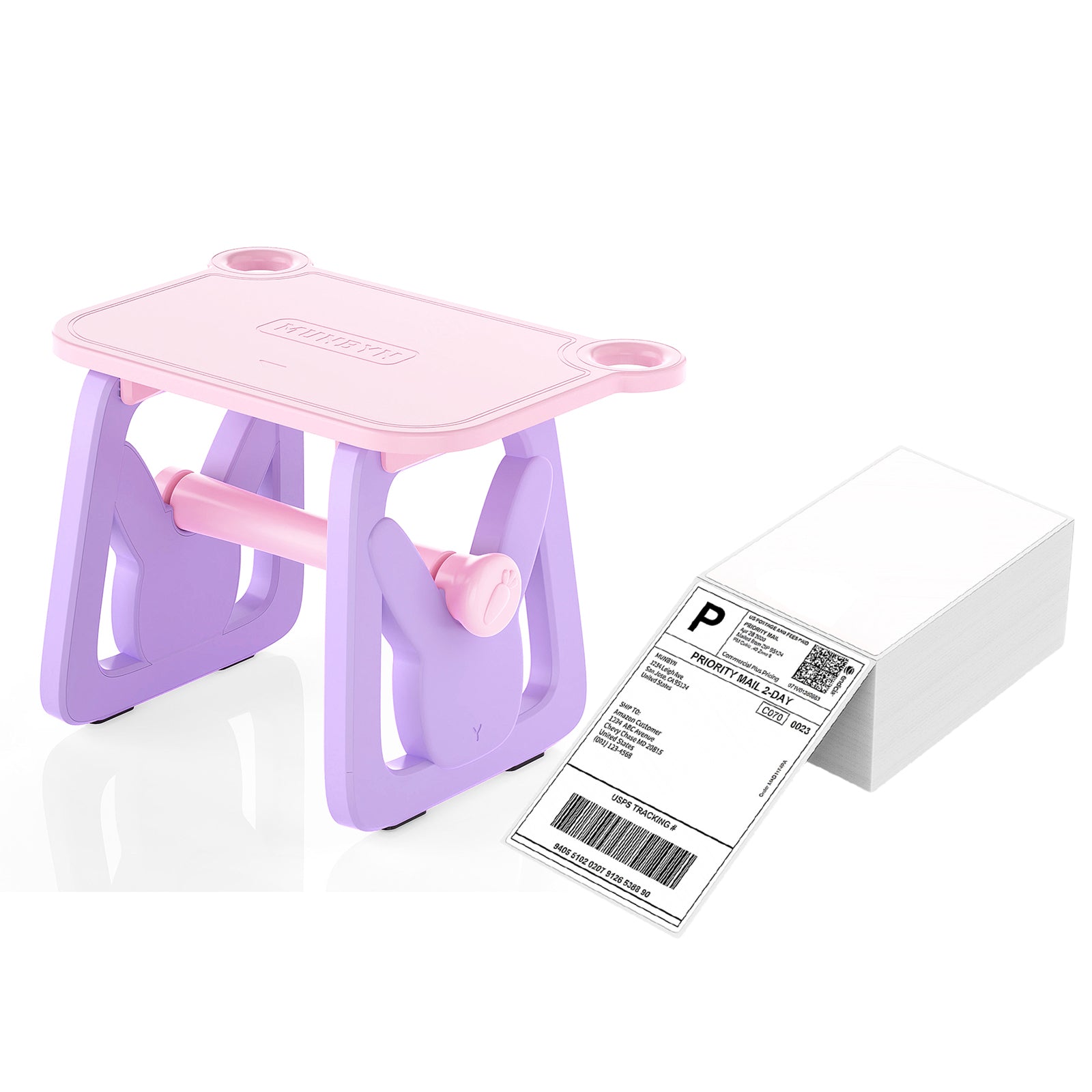 Pastel pink and purple thermal label holder with shipping labels for printers