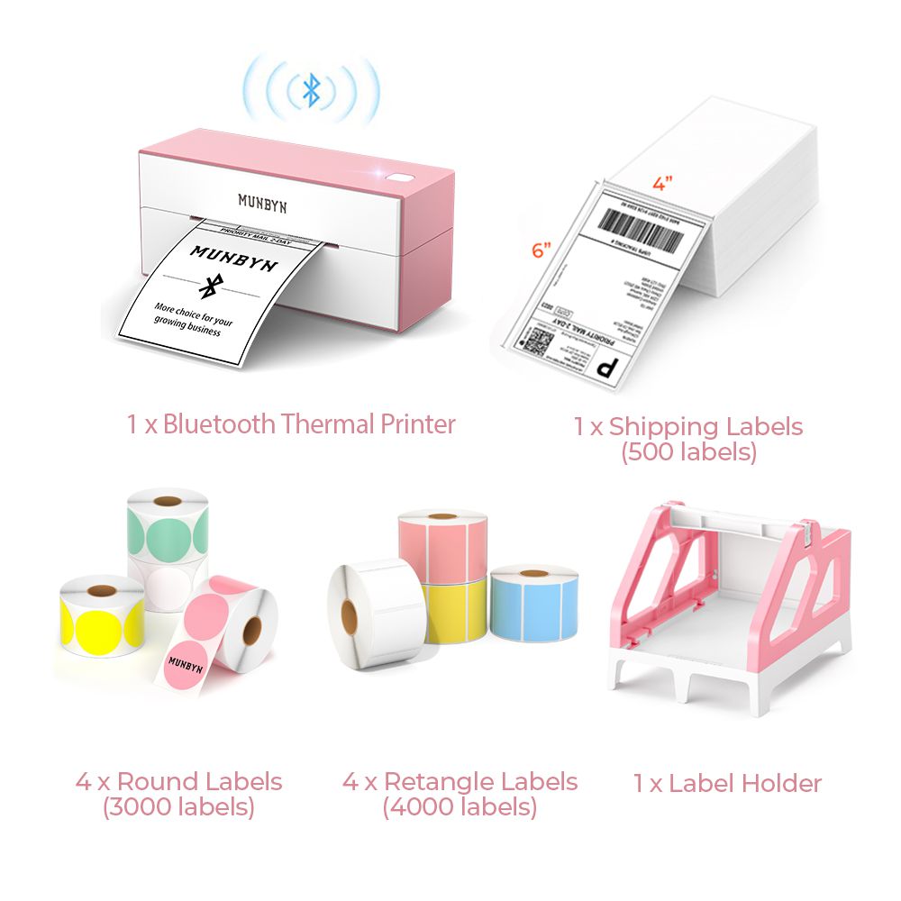 The MUNBYN P129 Bluetooth printer kit includes a pink Bluetooth thermal printer, four rolls of colored rectangular labels, four rolls of colored round labels, a stack of shipping labels and a pink and white label holder.