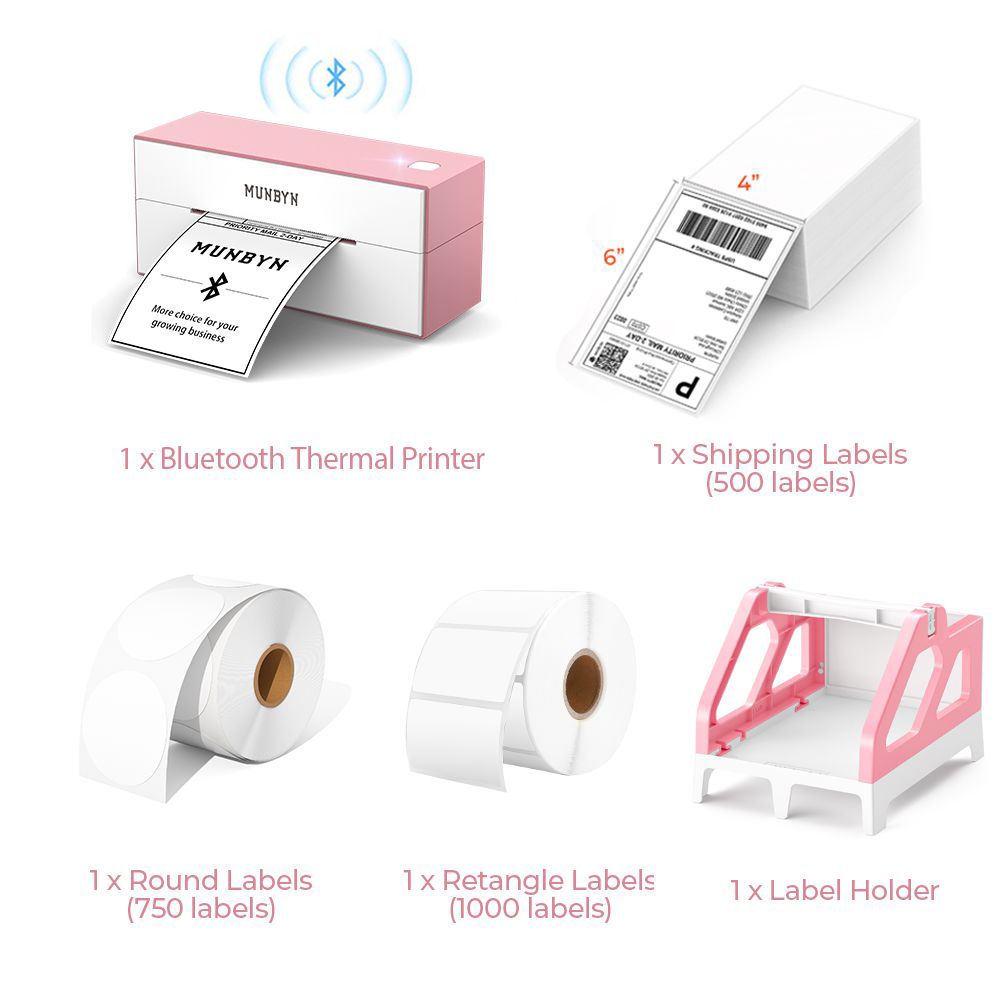 The MUNBYN P129 Bluetooth printer kit includes a pink Bluetooth thermal printer, two rolls of blank labels, a stack of shipping labels and a pink and white label holder.