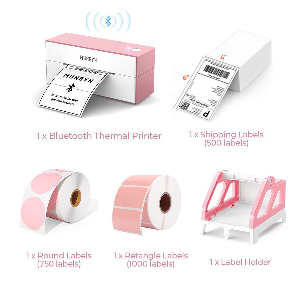 The MUNBYN P129 Bluetooth printer kit includes a pink Bluetooth thermal printer, two rolls of pink thermal labels, a stack of shipping labels and a pink and white label holder.