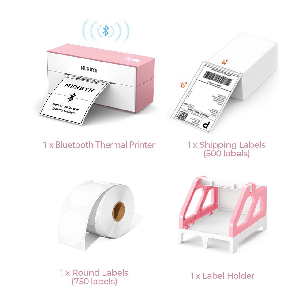 The MUNBYN P129 Bluetooth printer kit includes a pink 4x6 Bluetooth thermal label printer, a roll of blank round labels, a stack of shipping labels and a pink and white label holder.