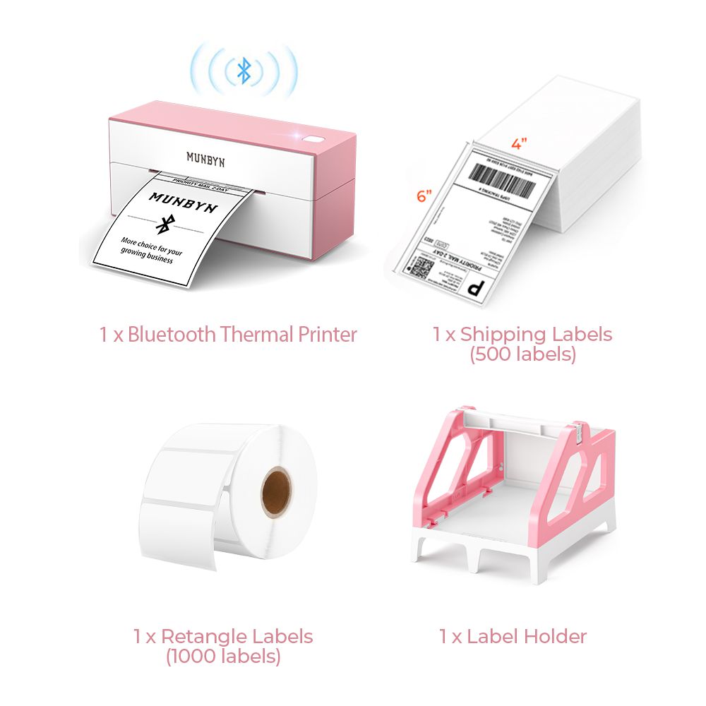 The MUNBYN P129 Bluetooth printer kit includes a pink 4x6 Bluetooth thermal label printer, a roll of blank rectangle labels, a stack of shipping labels and a pink and white label holder.