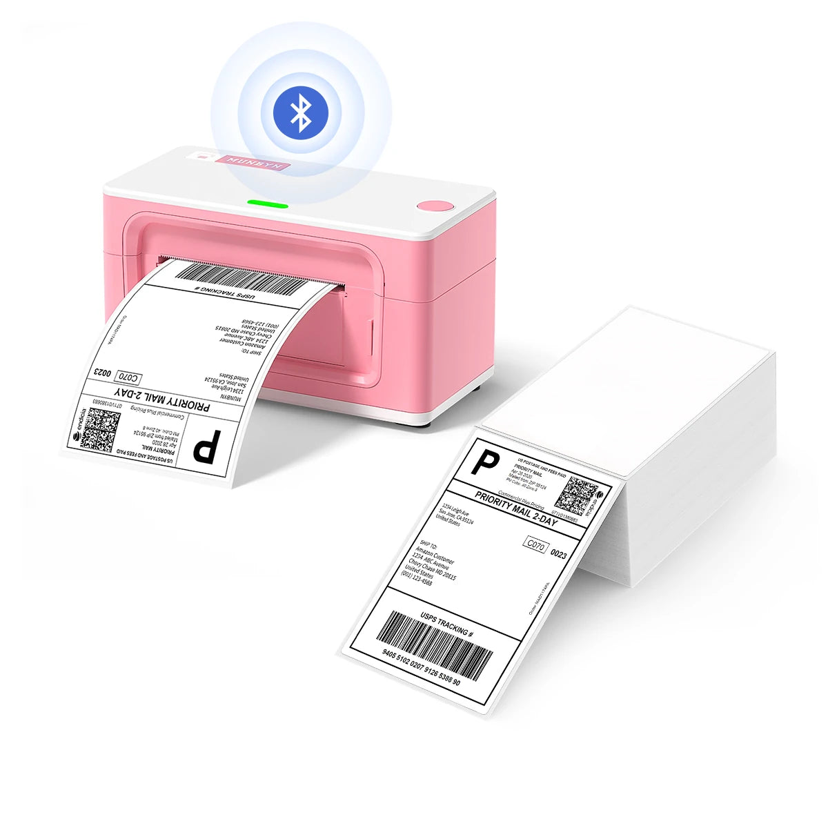 MUNBYN P941B Bluetooth label printer kit includes a label printer and a stack of shipping labels.