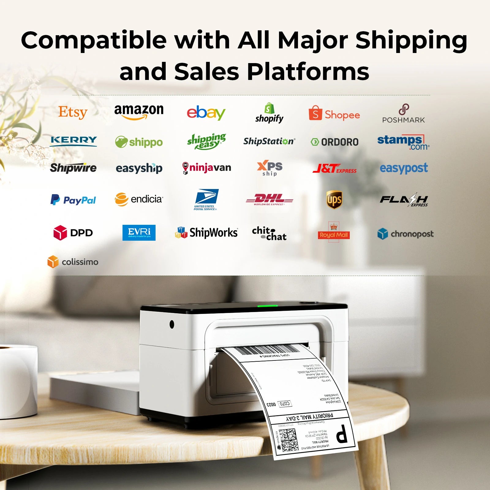 MUNBYN P941B wireless label printer is compatible with various selling and shipping platforms, such as Shopify, Etsy, Amazon, eBay, USPS, and FedEx.