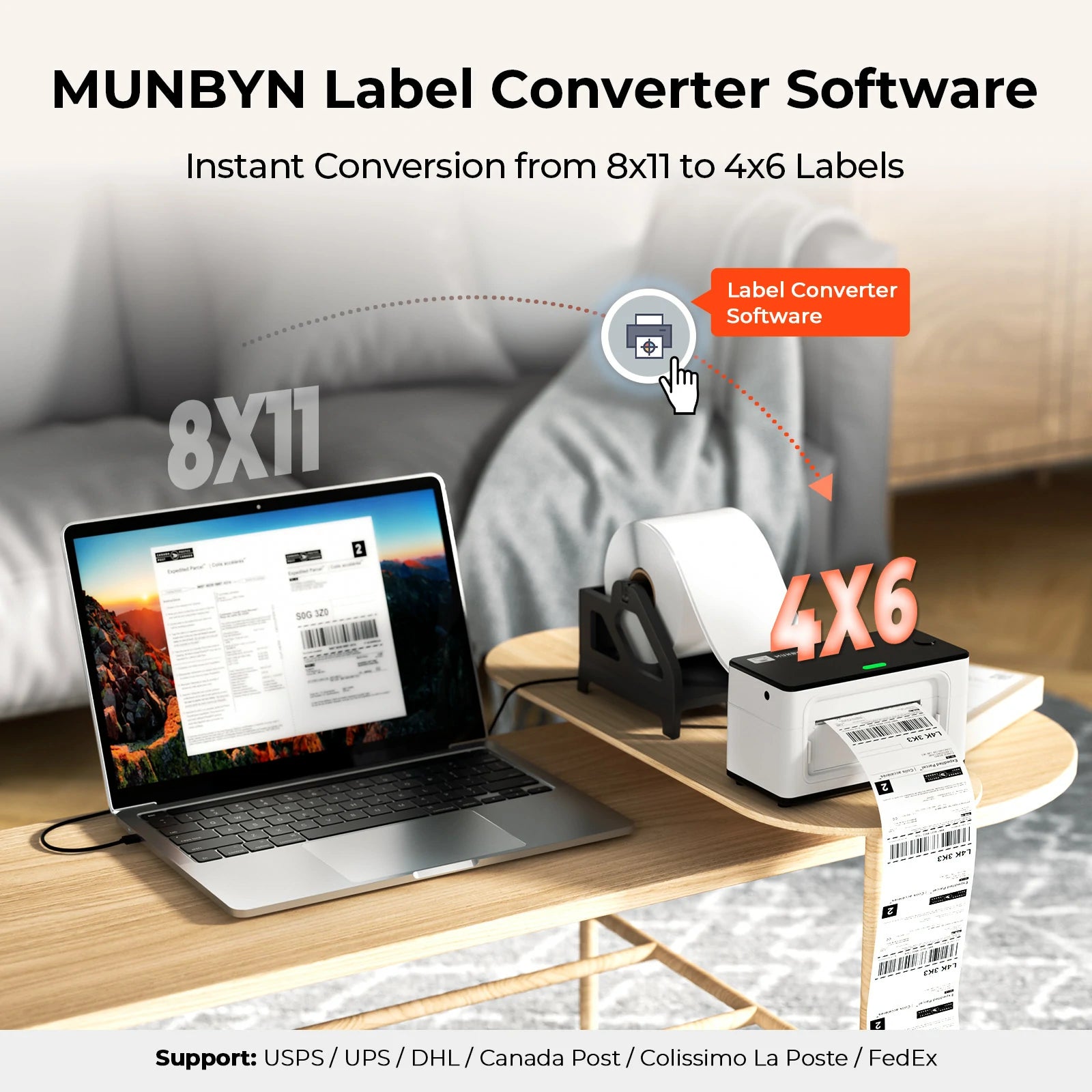 MUNBYN P941B wireless Bluetooth label printer is compatible with various selling and shipping platforms, such as UPS, DHL, Canada Post, USPS, and FedEx, converting 8x11 label to 4x6 label.