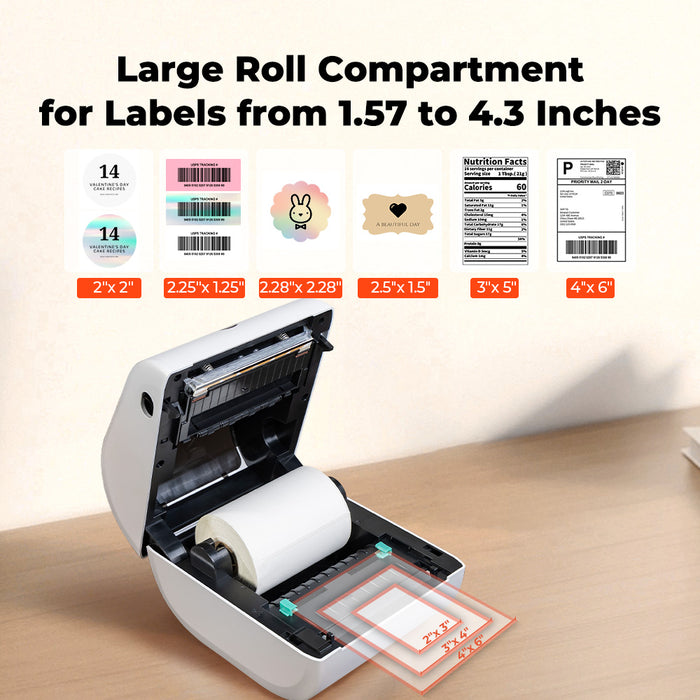 Side view of Bluetooth Shipping Label Printer RW411B, 4x6 Bluetooth Thermal Label Printer with Paper Tray Design