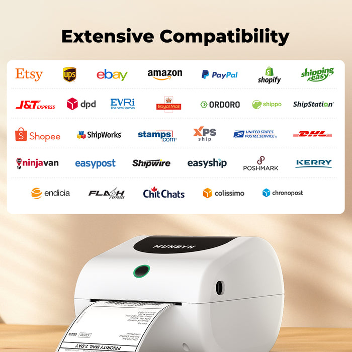 Side view of Bluetooth Shipping Label Printer RW411B, 4x6 Bluetooth Thermal Label Printer with Paper Tray Design