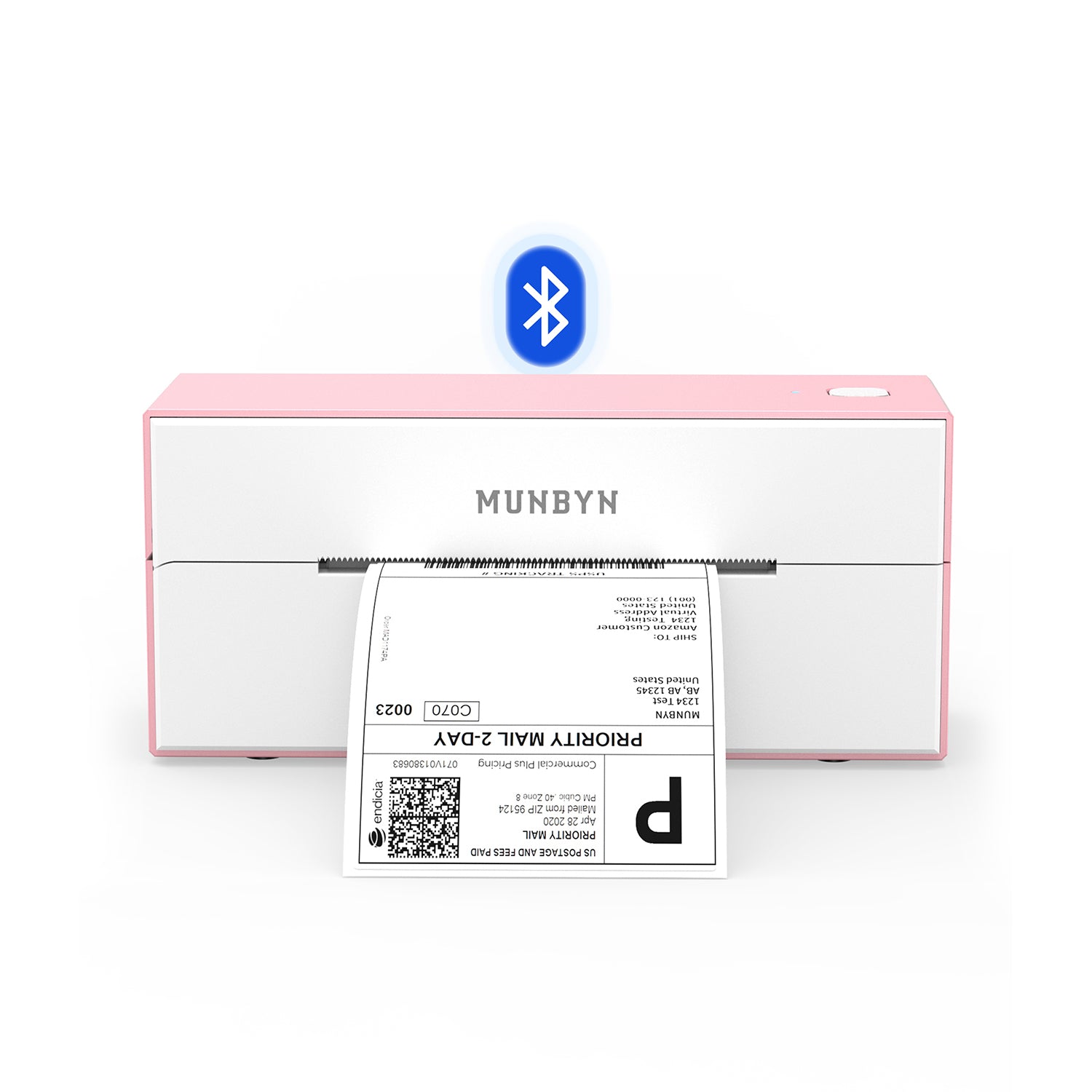 Pink Bluetooth thermal label printer printing a shipping label on white background