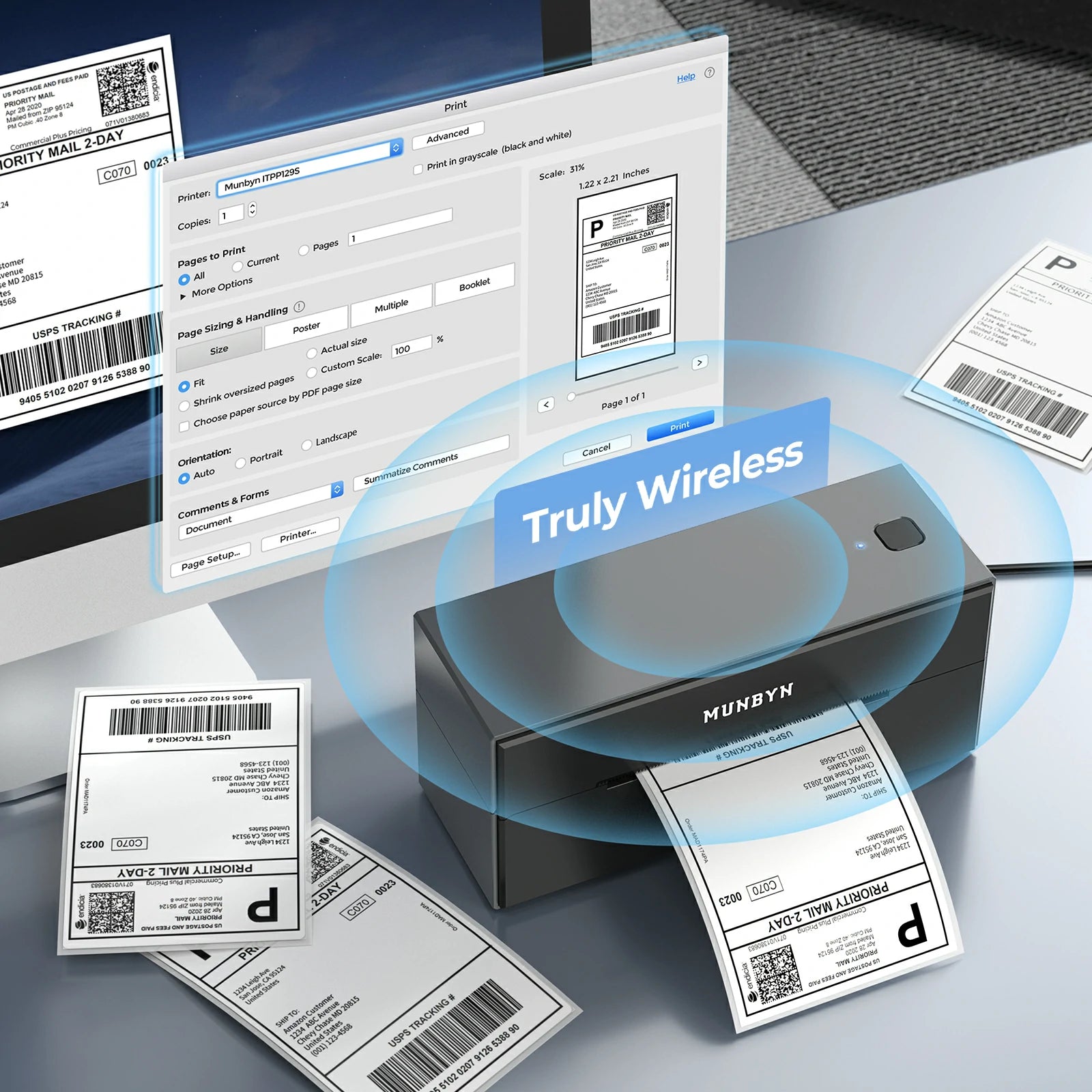 MUNBYN P129S wireless label printer connects easily to computers through WiFi.