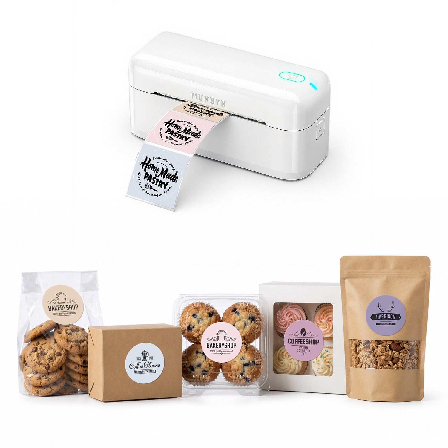 RealWriter 402B Bluetooth Printer & Morandi Labels Bakery Packaging Branding Kit