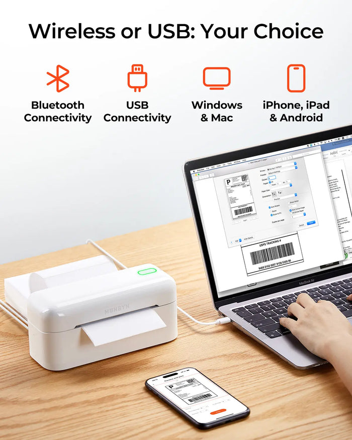 Side view of Thermal Shipping Label Printer 402B Munbyn Bluetooth Printer boasts exceptional longevity|Postage Label Printer