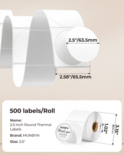 MUNBYN 2.5"Round Thermal Labels for Small Business & Homemade Treats