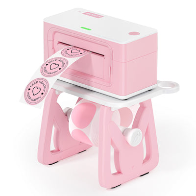 Pink thermal label printer printing round stickers reading 'KEEP HEALTH KEEP HAPPY' with a bunny-shaped holder.