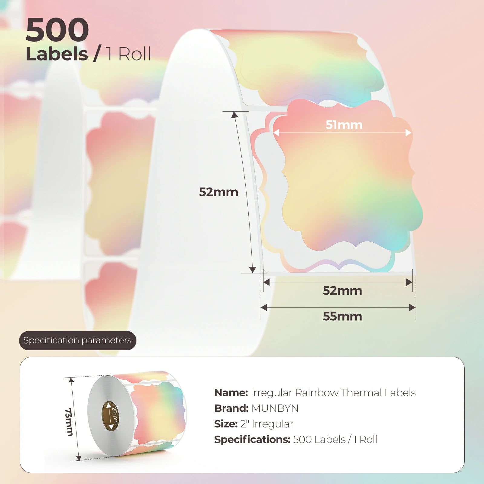 MUNBYN rainbow-coloured fancy square labels 500 labels per roll.