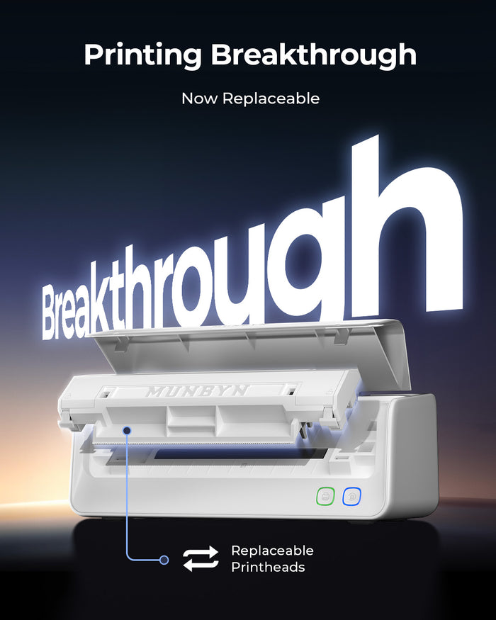Side view of MUNBYN 405B Dual Color Printer Replaceable Print-Head Bluetooth Thermal Label Printer with Label Holder