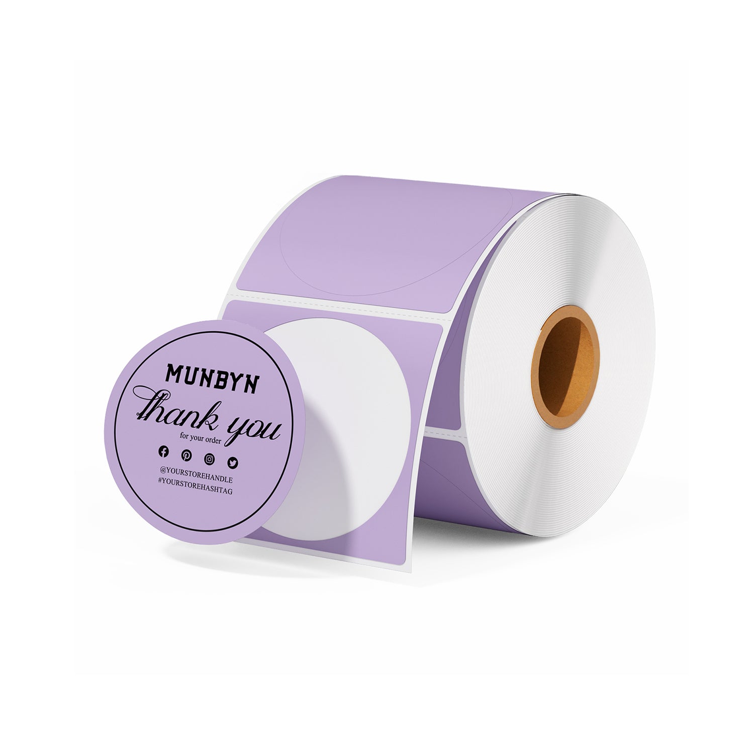 Roll of round purple thermal thank you stickers for packaging and shipping labels