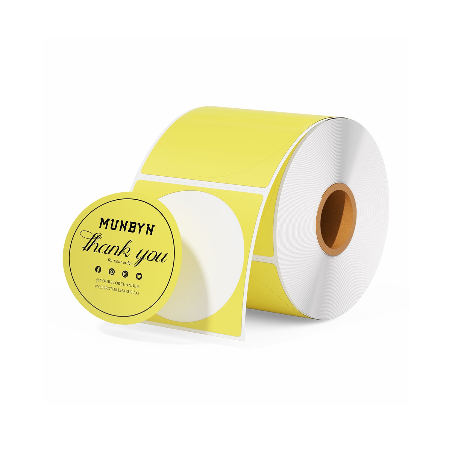 Roll of round yellow thermal thank you stickers for packaging and shipping labels