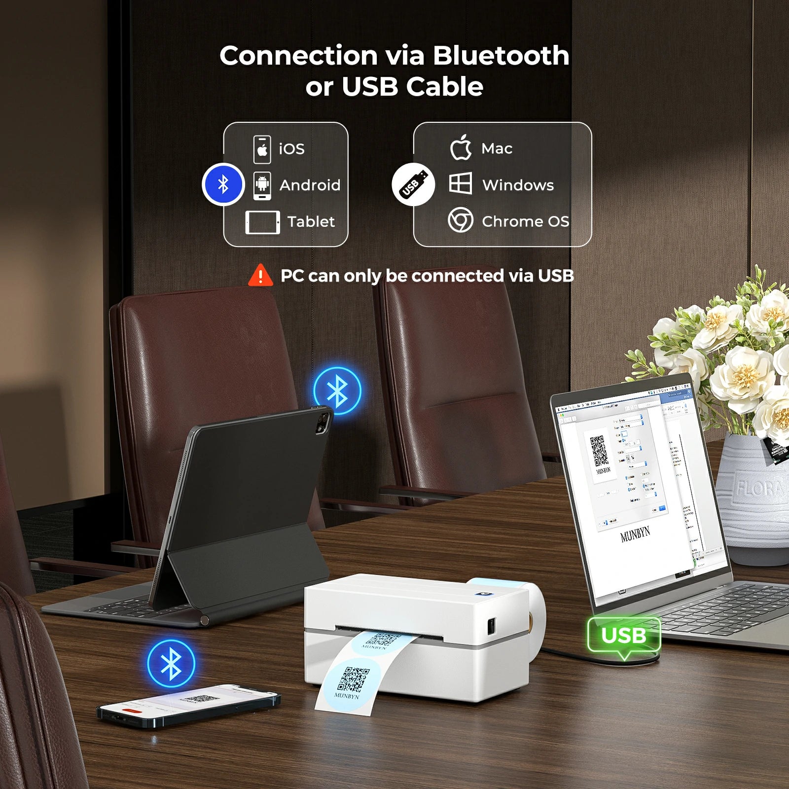 MUNBYN 130B thermal label printer can print labels via Bluetooth or USB cable.