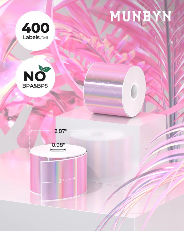 Side view of MUNBYN 2" Circle Holographic Sticker Thermal Labels - rainbow metallic vinyl thermal printer labels|Blue