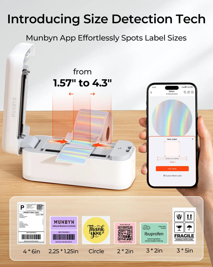 Side view of Thermal Shipping Label Printer 402B Munbyn Bluetooth Printer boasts exceptional longevity|Postage Label Printer