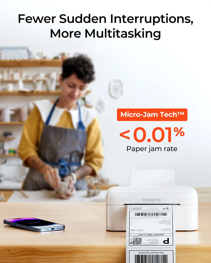 Side view of Thermal Shipping Label Printer 402B Munbyn Bluetooth Printer boasts exceptional longevity|Postage Label Printer