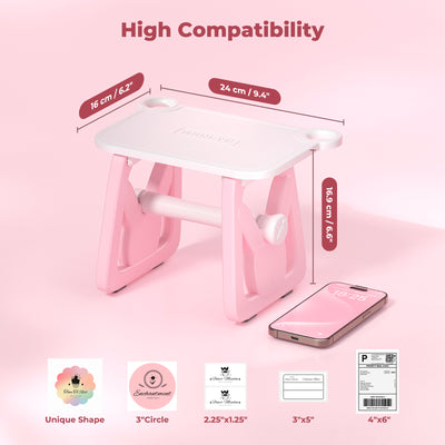 Pink and white label printer holder with measurements, compatible with multiple label sizes.
