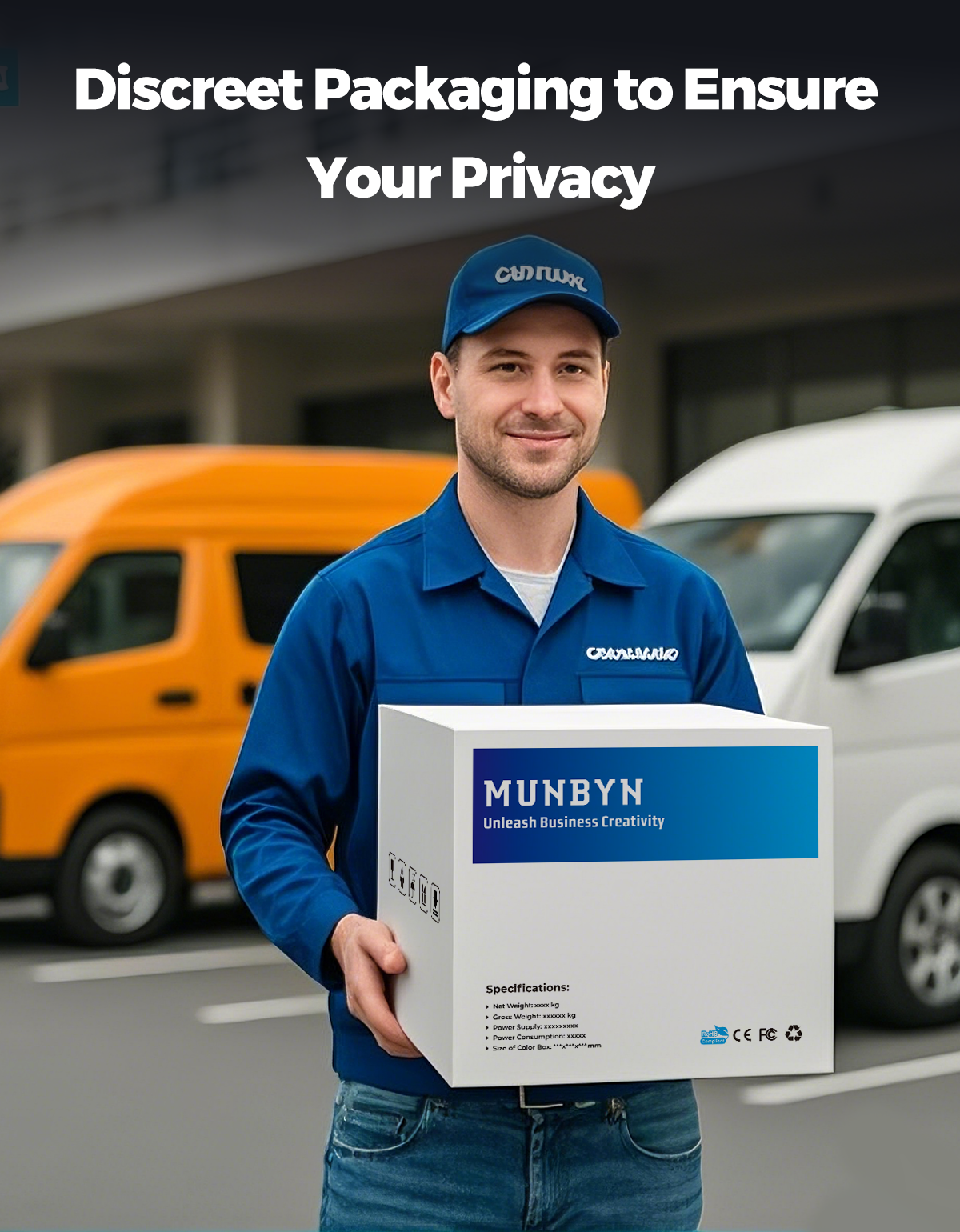 Courier holding discreet labeled printer packaging in parking lot, privacy guaranteed