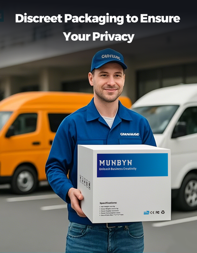 Courier holding discreet labeled printer packaging in parking lot, privacy guaranteed