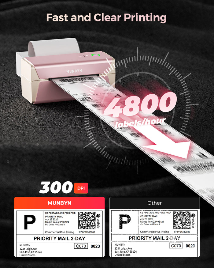Side view of AirPrint Thermal Label Printer Voice Controlled-Support Wifi/USB Connection-Munbyn Thermal Printer Pink