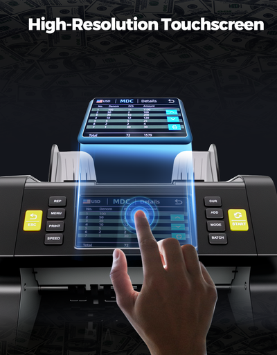 Hand using high-resolution touchscreen on electronic money counter with digital display