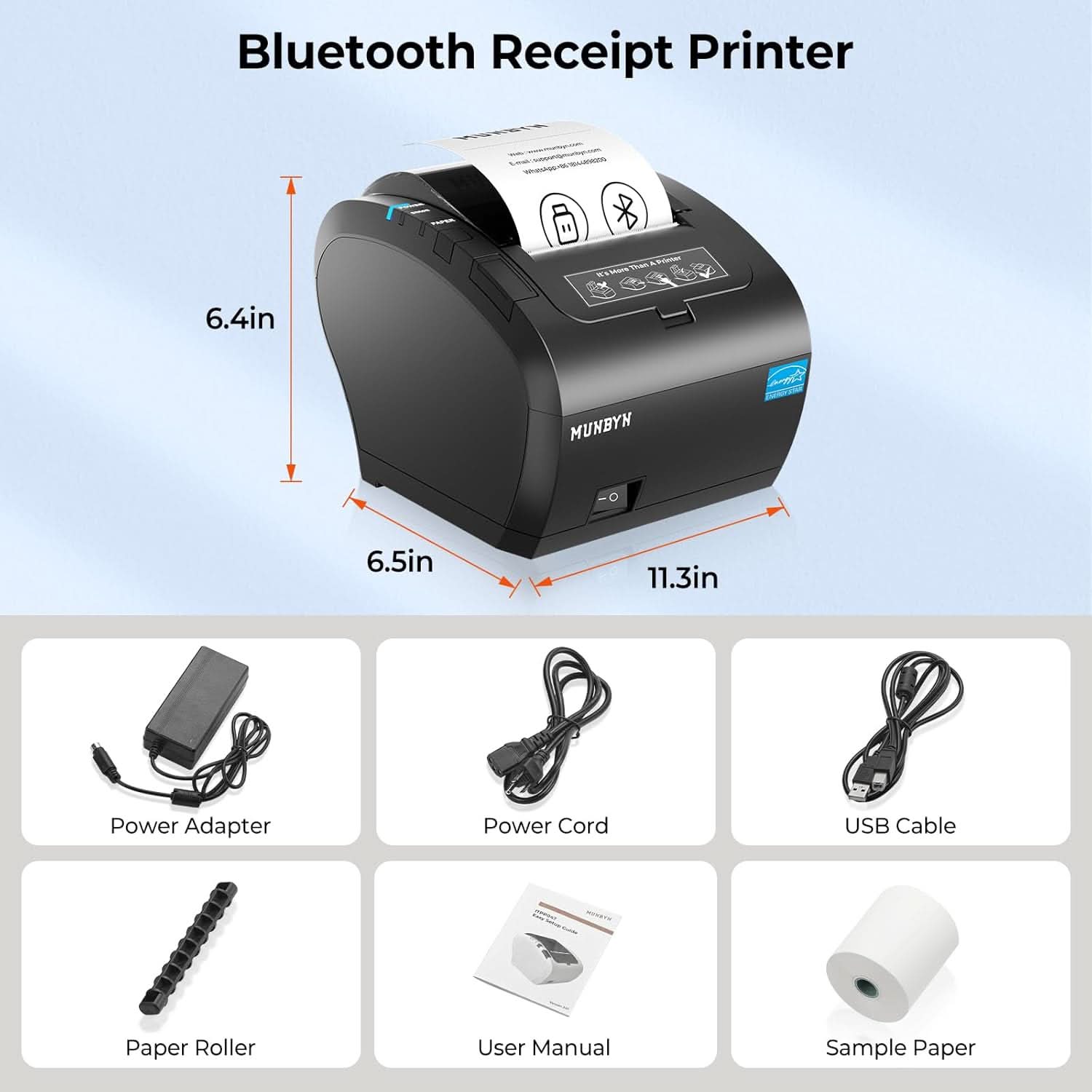 MUNBYN P047 Black Bluetooth Thermal Receipt Printer 80mm POS Printer - MUNBYN