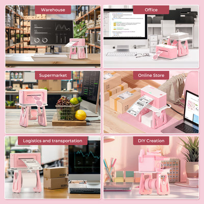 Pink thermal label printer used in warehouse, office, supermarket, online store, logistics, DIY settings.