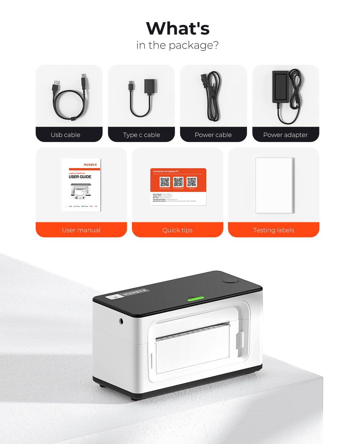 The package includes a user manual, test labels, and all the required cables.