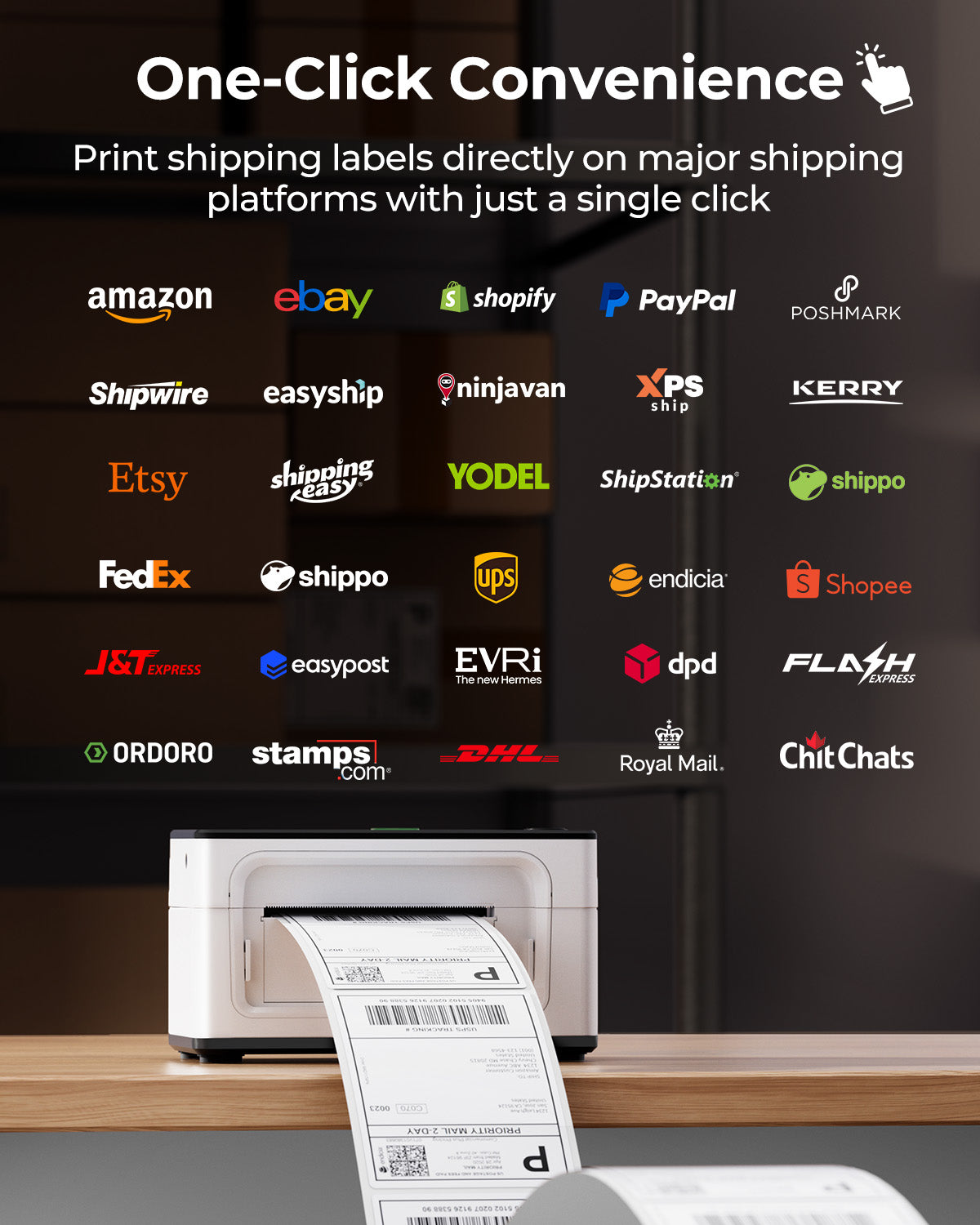 Print shipping labels directly on major shipping platforms with just a single click
