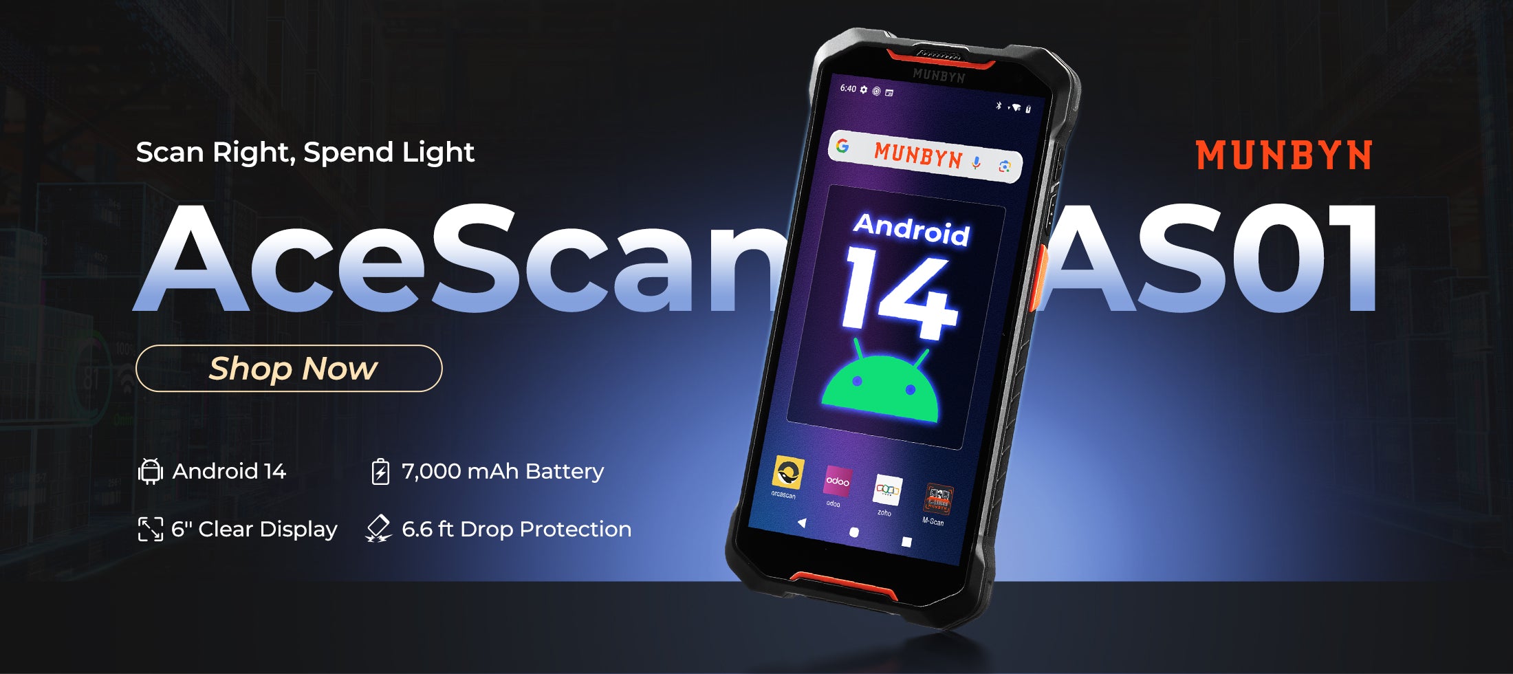 The MUNBYN AceScan AS01P features Android 14, a 6" clear display, 7,000 mAh battery, and 2m shockproof durability.