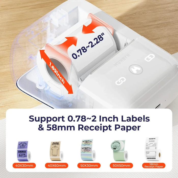 Side view of Bluetooth Portable Label Maker MUNBYN FM226 Compatible with both labels and receipt paper